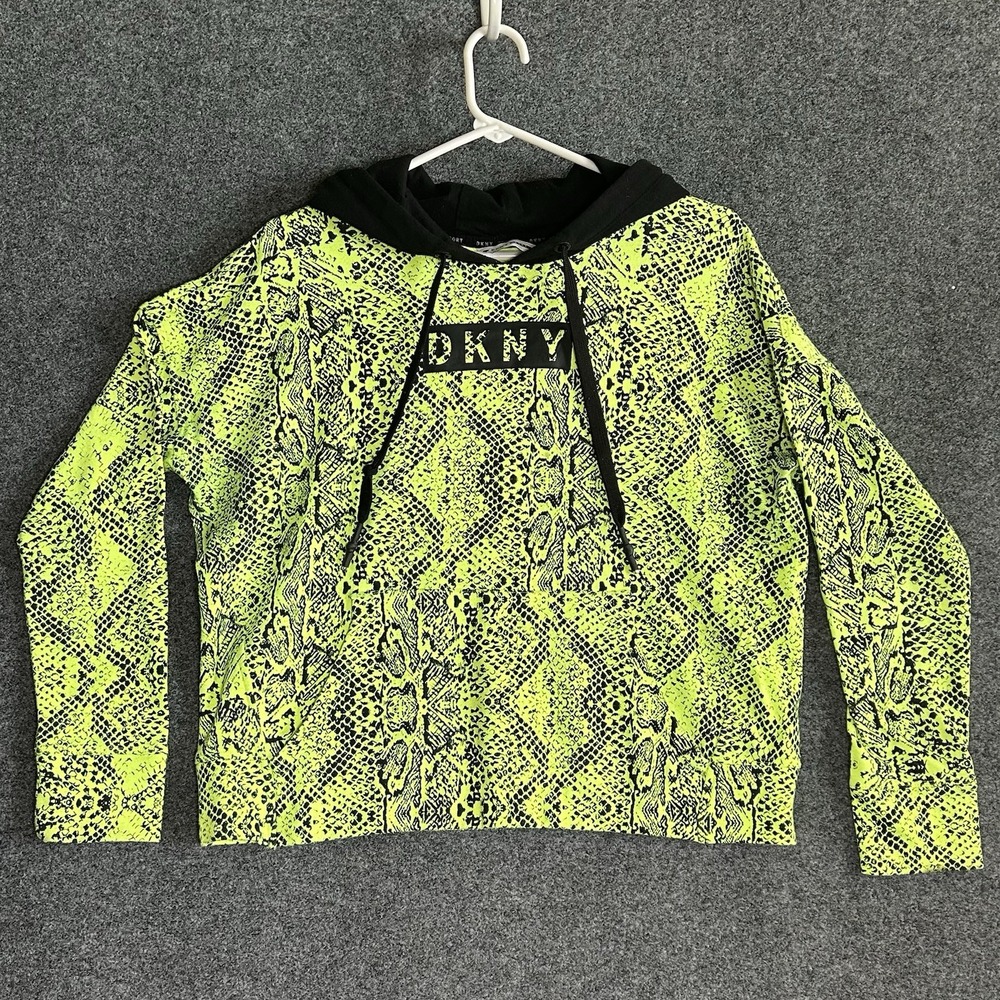 DKNY Chartreuse Lime Green & Black Snakeskin Print Cropped Hoodie - Size SMALL‎